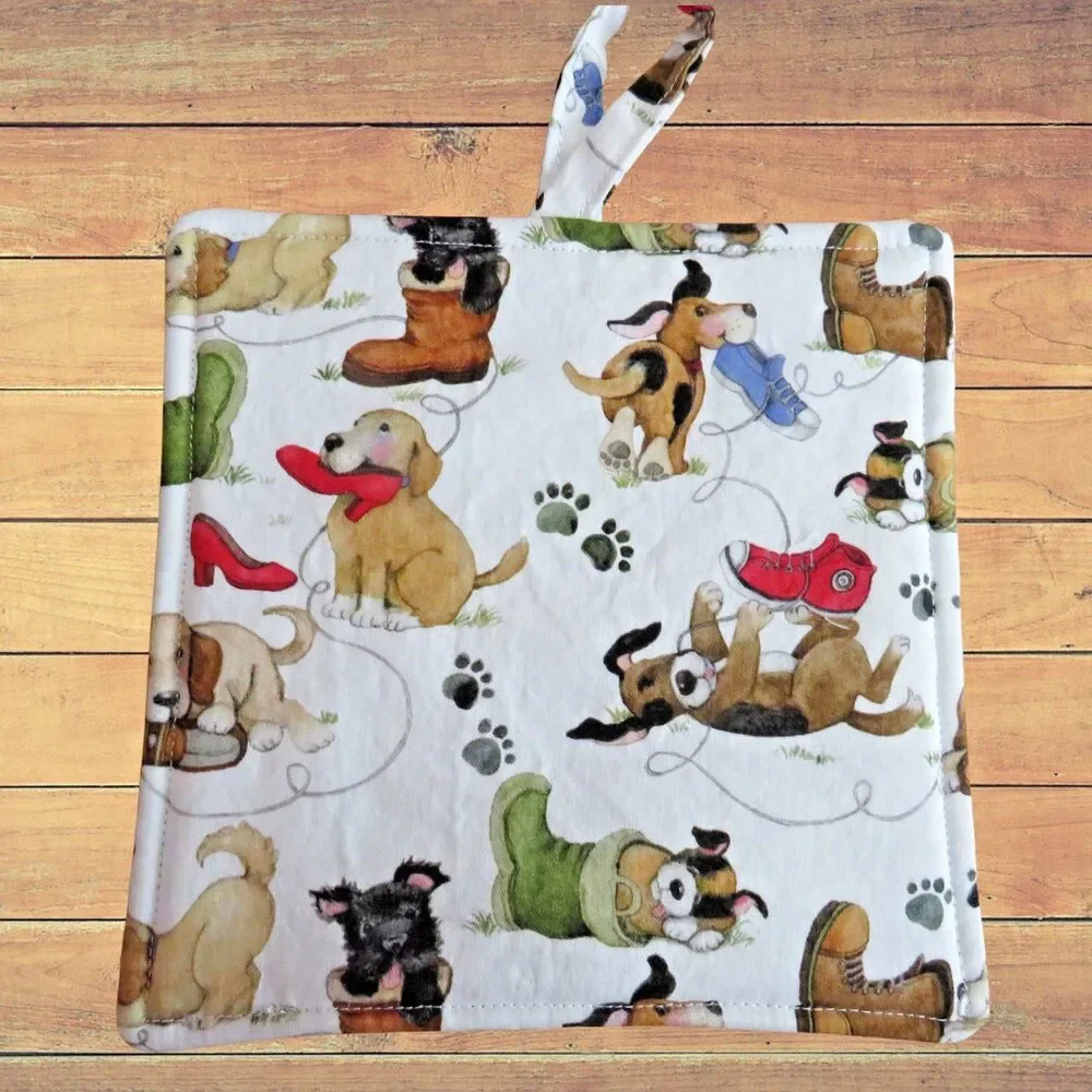 Handmade Potholder, Puppies and Shoes